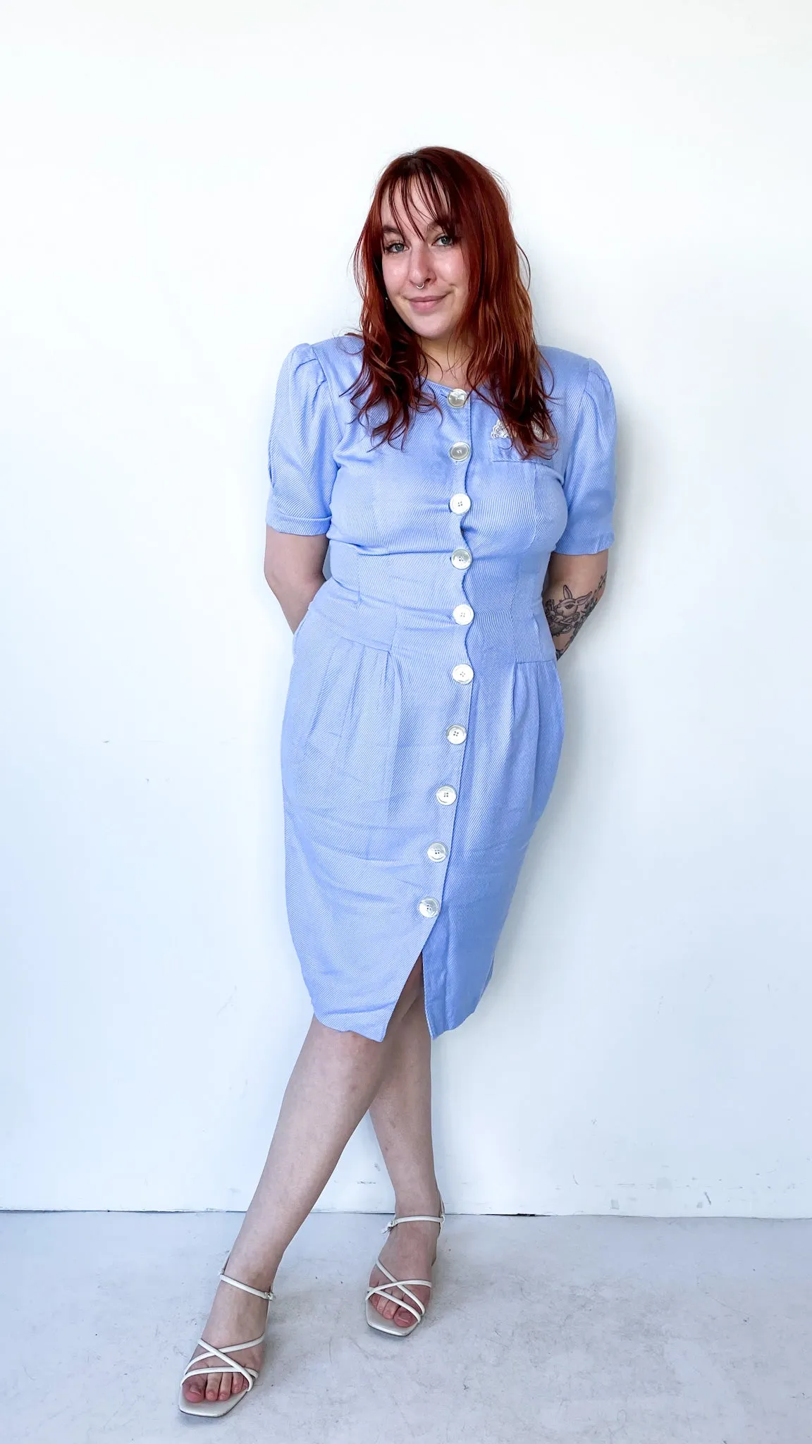 1980s Baby Blue Button Up Dress, sz. M