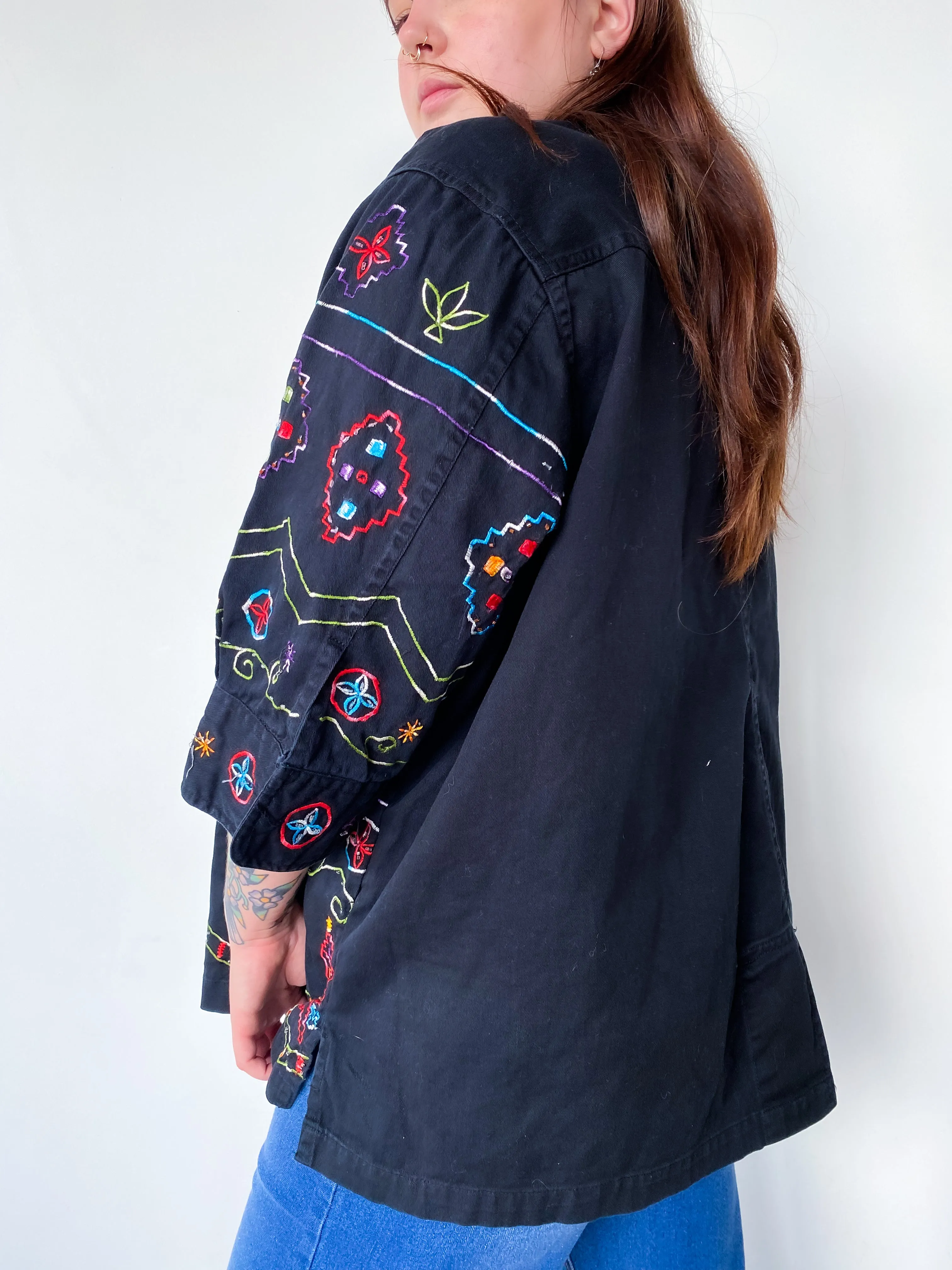 1990s Black Jacket with Southwestern Embroidery, sz. 5X