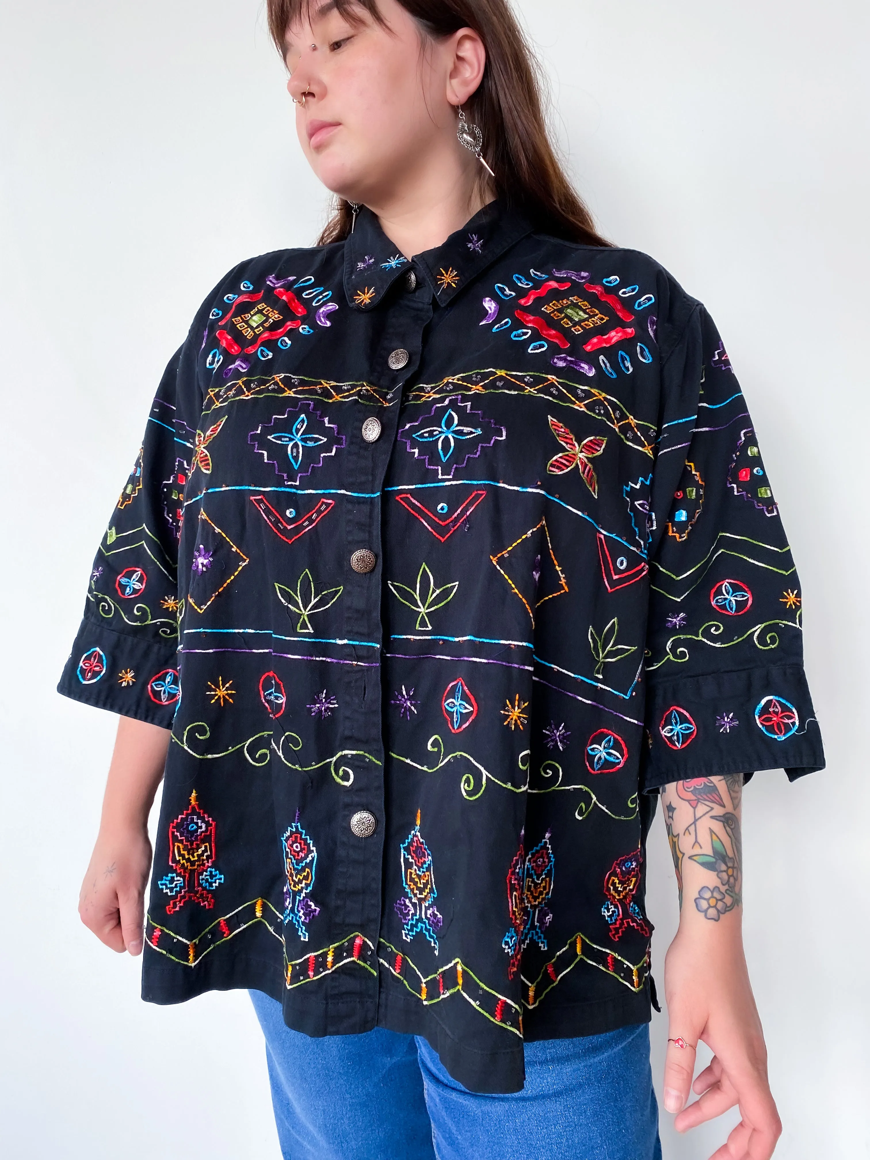 1990s Black Jacket with Southwestern Embroidery, sz. 5X