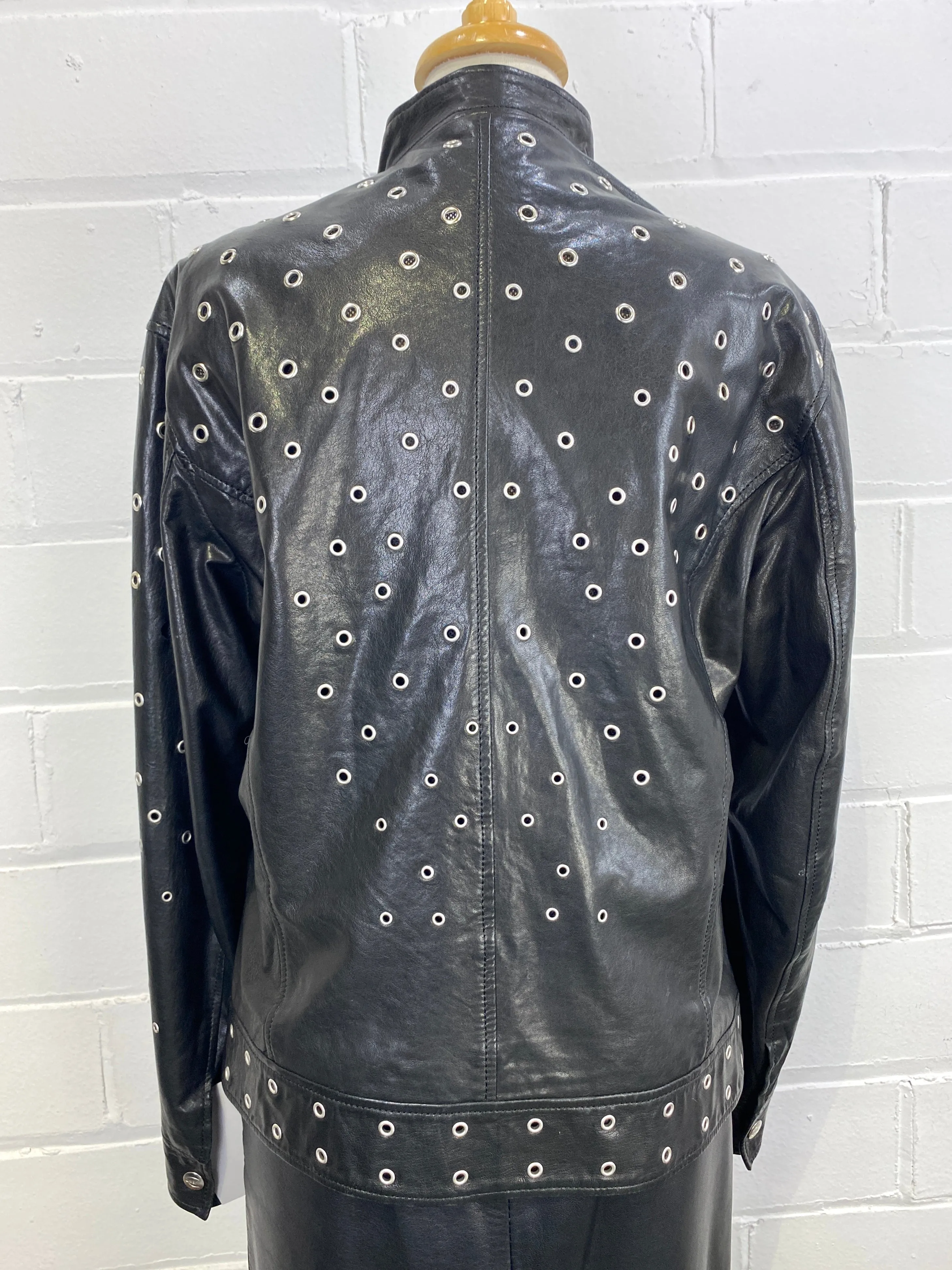 2000s Y2K Roberto Cavalli Designer Black Leather Studded Zip Jacket