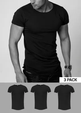 3 Pack Men's Plain Black Round Neck T-shirt - Longline