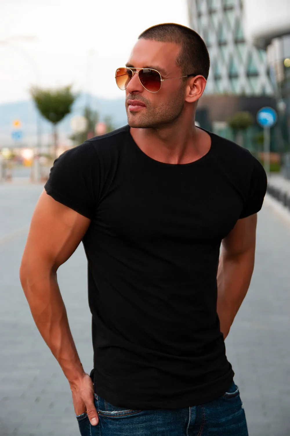 3 Pack Men's Plain Black Round Neck T-shirt - Longline