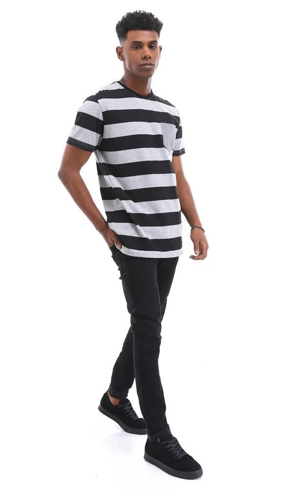 94975 Comfy Bi-Tone Striped T-Shirt With Front Pocket - Black & Grey