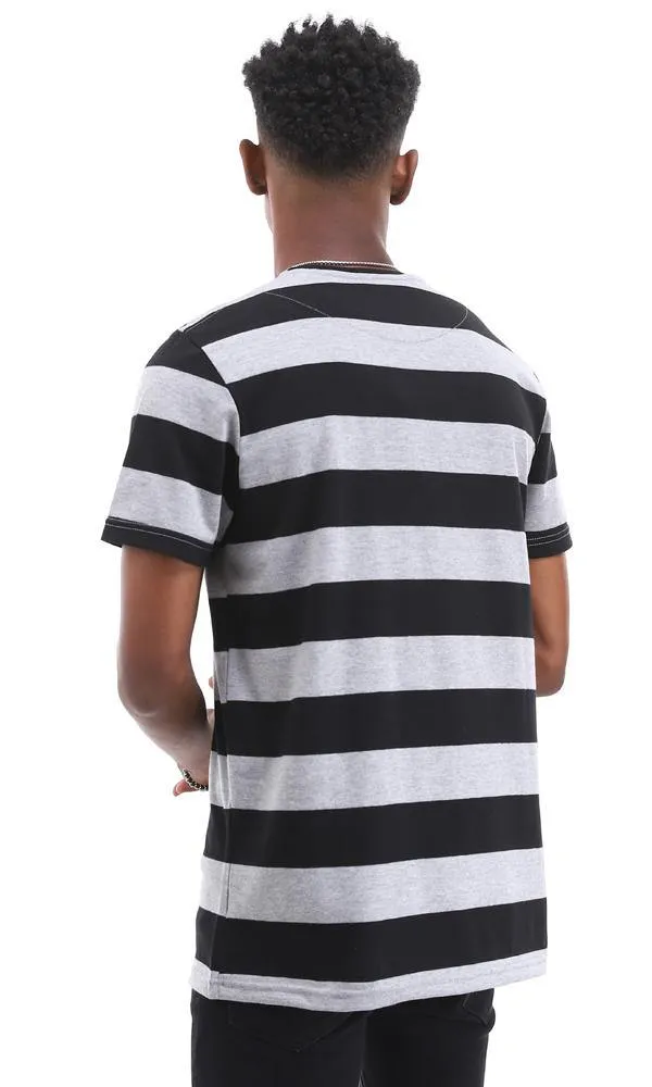 94975 Comfy Bi-Tone Striped T-Shirt With Front Pocket - Black & Grey