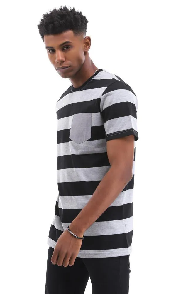 94975 Comfy Bi-Tone Striped T-Shirt With Front Pocket - Black & Grey