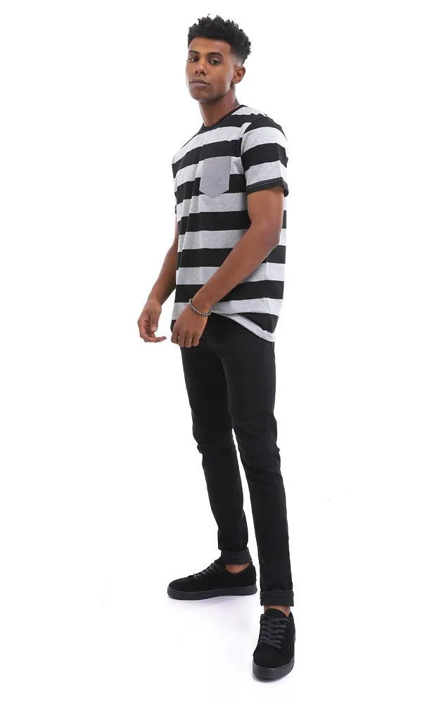 94975 Comfy Bi-Tone Striped T-Shirt With Front Pocket - Black & Grey