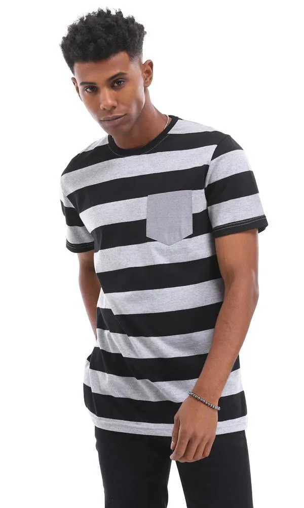 94975 Comfy Bi-Tone Striped T-Shirt With Front Pocket - Black & Grey