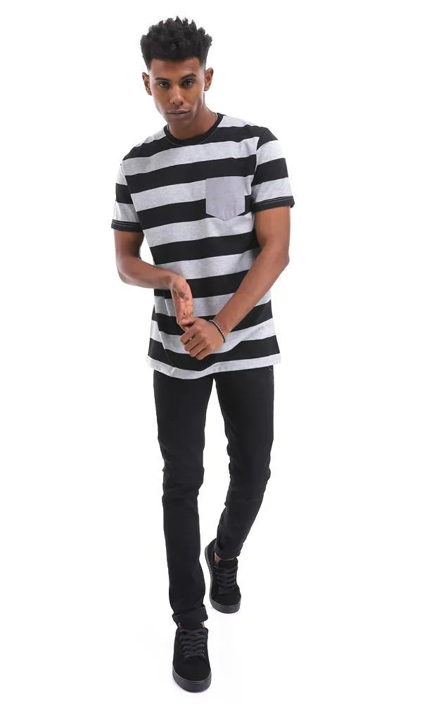 94975 Comfy Bi-Tone Striped T-Shirt With Front Pocket - Black & Grey