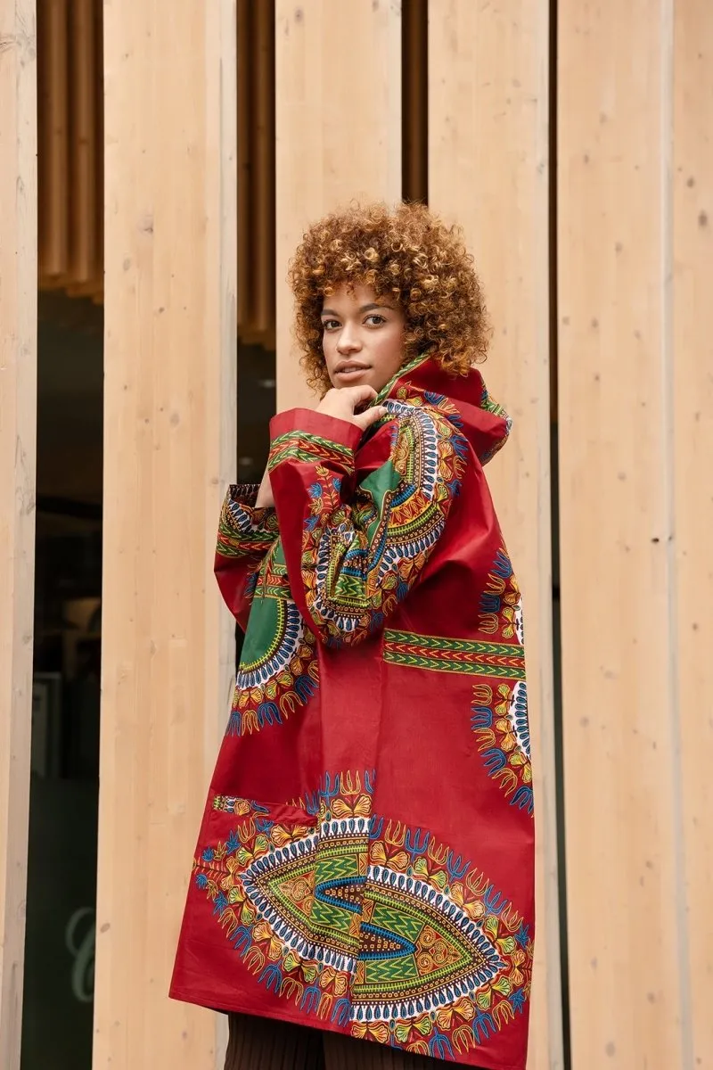 African Winter Jacket in Red Dashiki