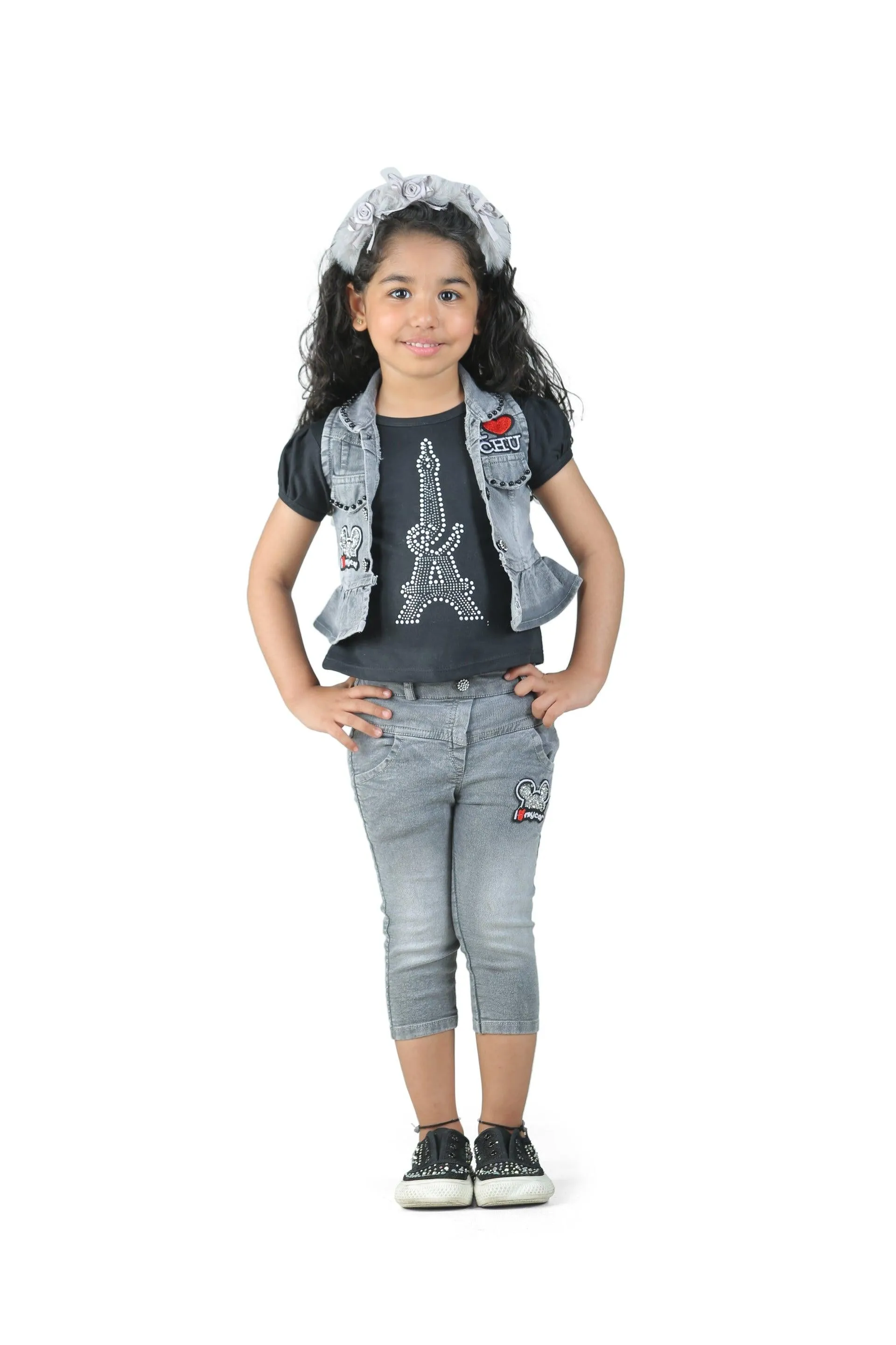 Ahhaaaa Kids Clothing Cotton Top and Denim Jacket with Jeans Set for Baby Girls