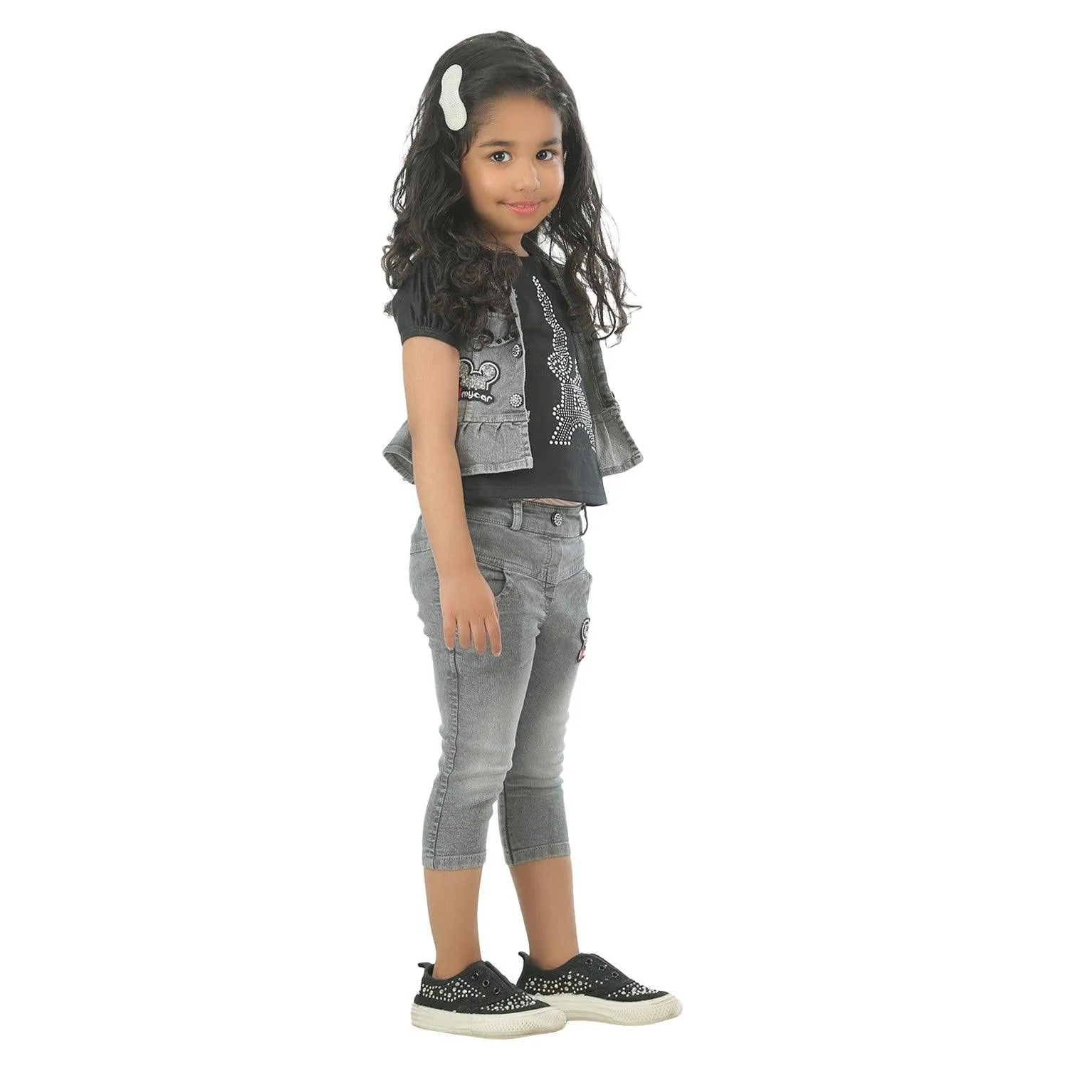 Ahhaaaa Kids Clothing Cotton Top and Denim Jacket with Jeans Set for Baby Girls