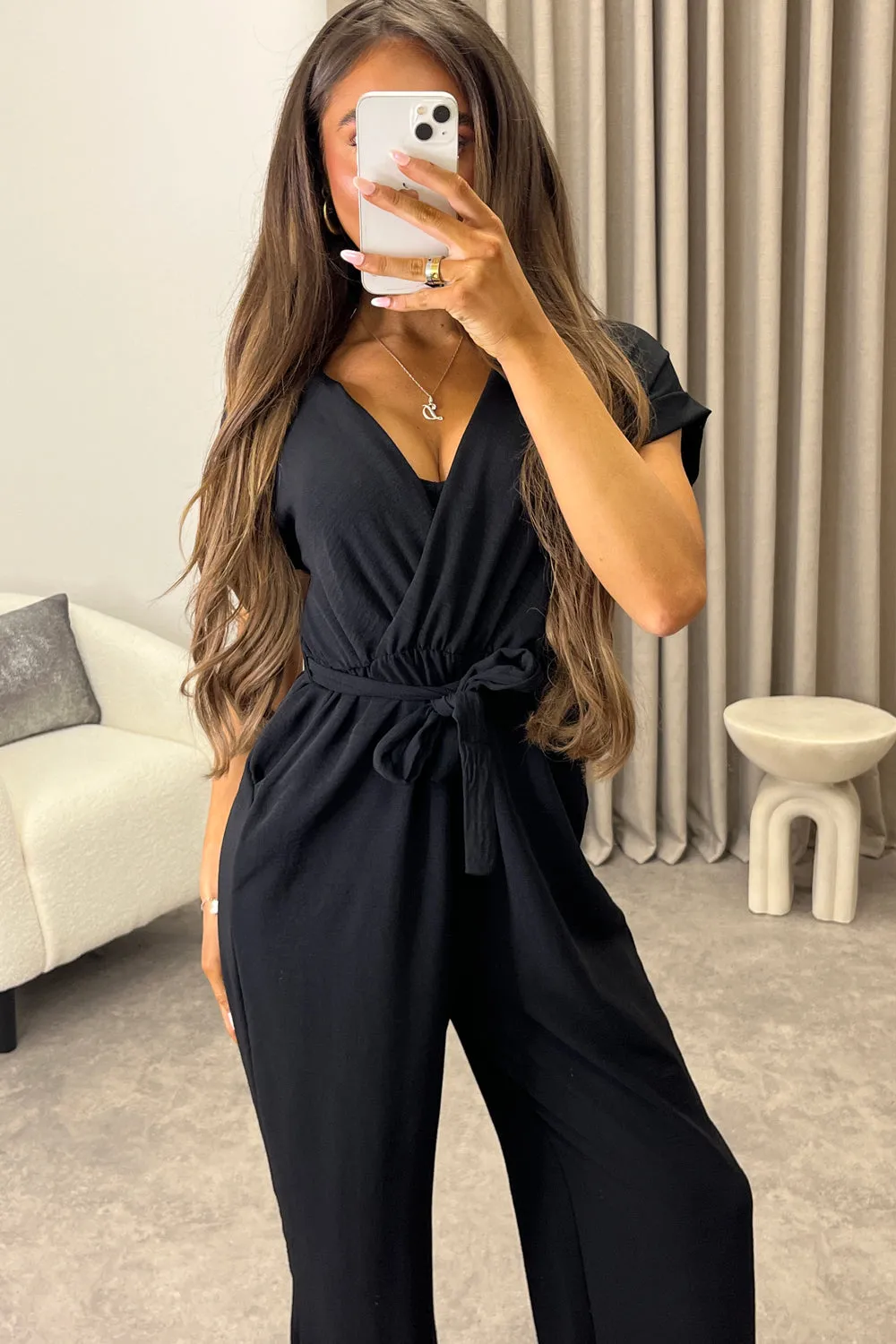 Anny Black Short Sleeve V Neck Plunge Belted Jumpsuit