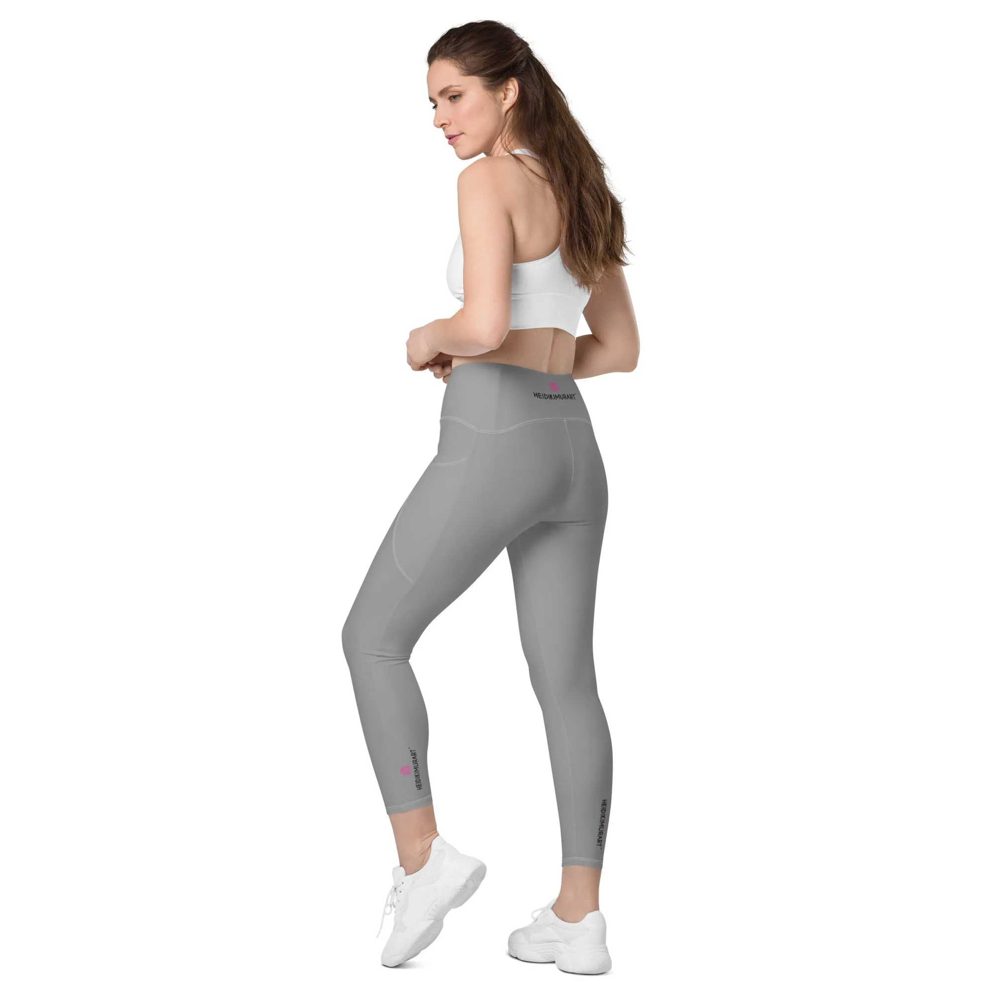 Ash Grey Women's Tights, Solid Color Best Leggings With Pockets For Women - Made in USA/EU/MX