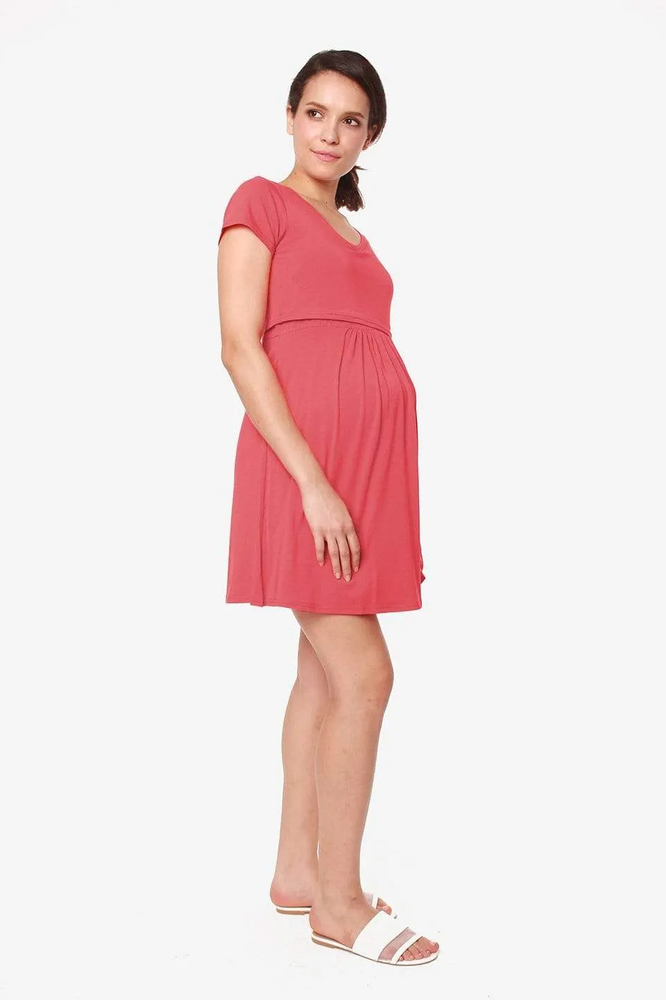 Betsy V-Neck Short Sleeve Nursing Dress Coral