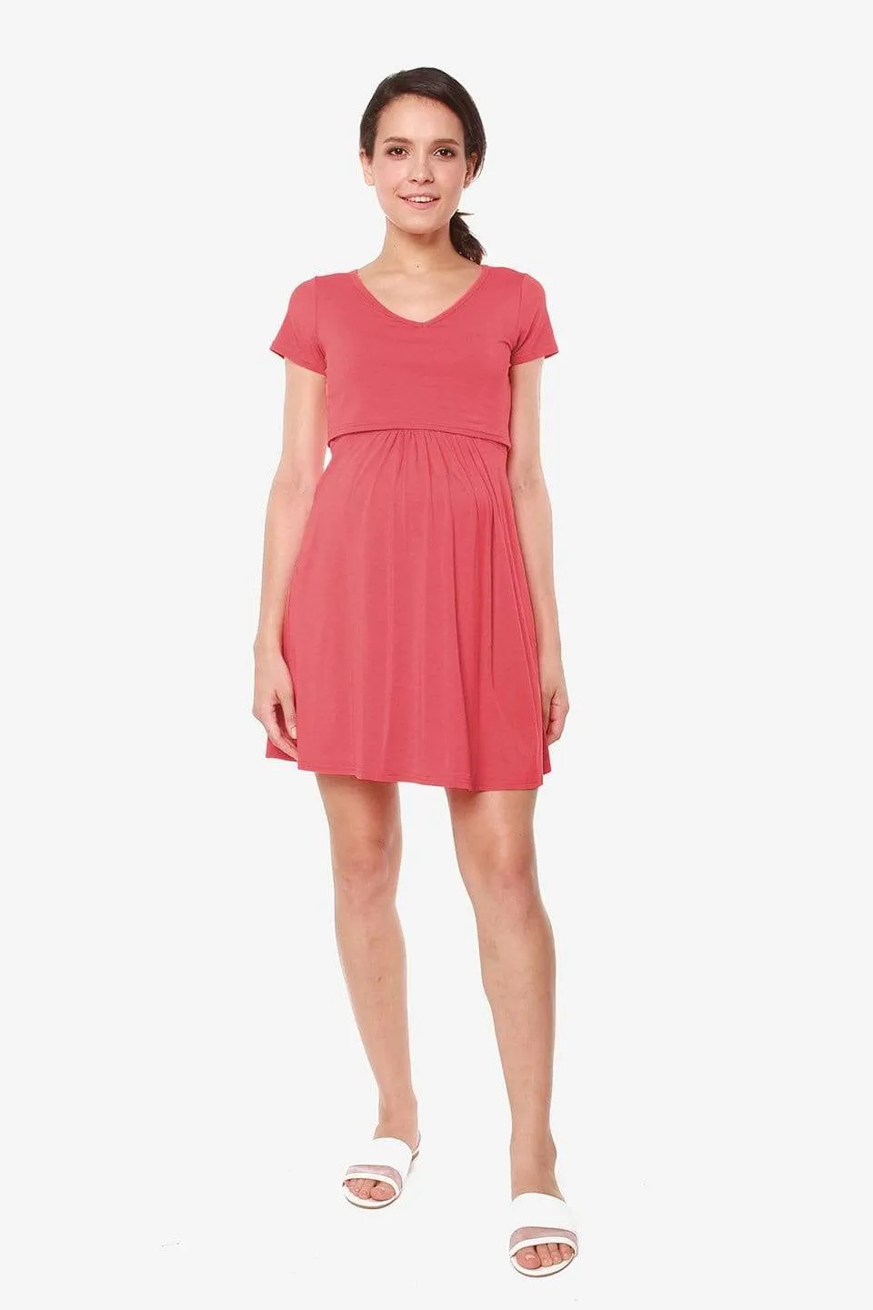 Betsy V-Neck Short Sleeve Nursing Dress Coral