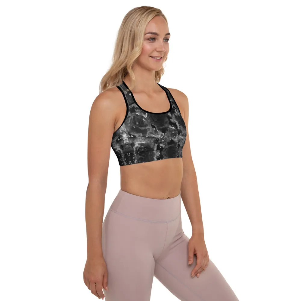 Black Floral Padded Sports Bra, Abstract Flower Rose Printed Workout Bra-Made in USA/EU