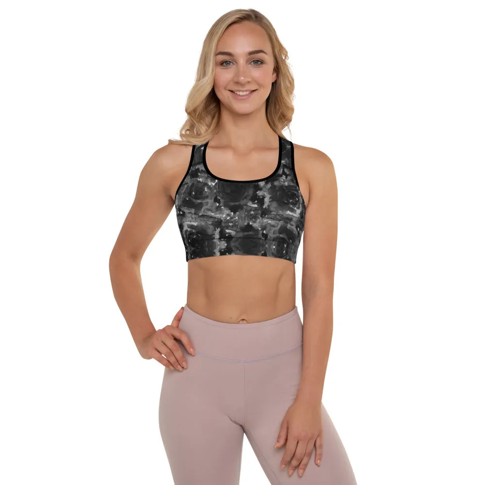 Black Floral Padded Sports Bra, Abstract Flower Rose Printed Workout Bra-Made in USA/EU