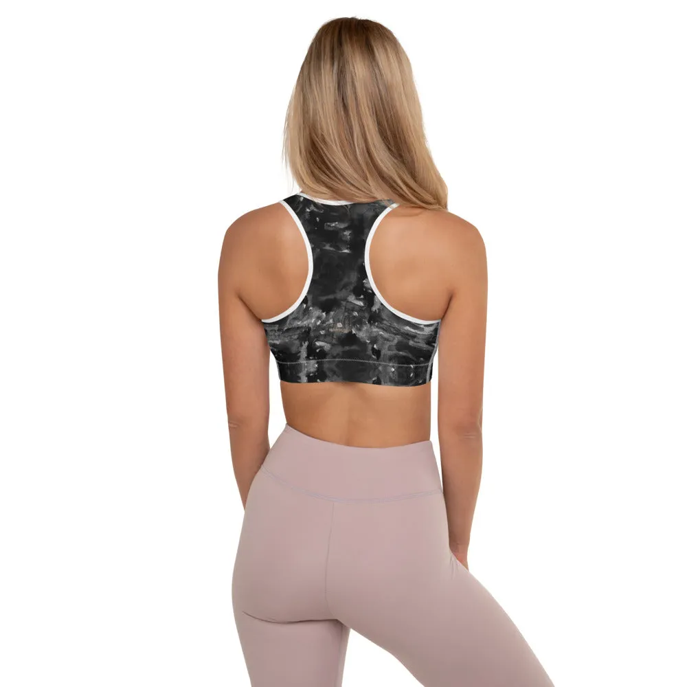 Black Floral Padded Sports Bra, Abstract Flower Rose Printed Workout Bra-Made in USA/EU