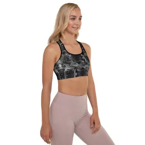 Black Floral Padded Sports Bra, Abstract Flower Rose Printed Workout Bra-Made in USA/EU