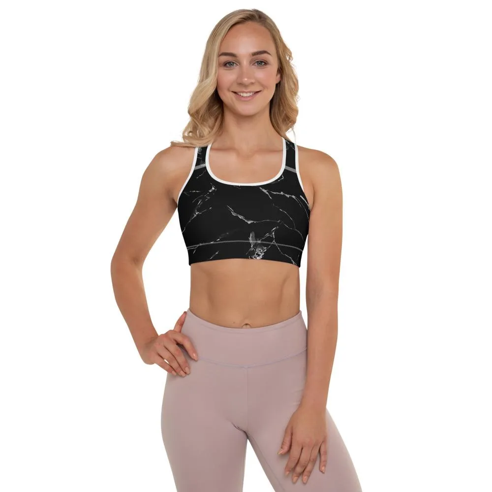 Black Marble Print Sports Bra, Premium Padded Fitness Gym Women's Bra- Made in USA/EU