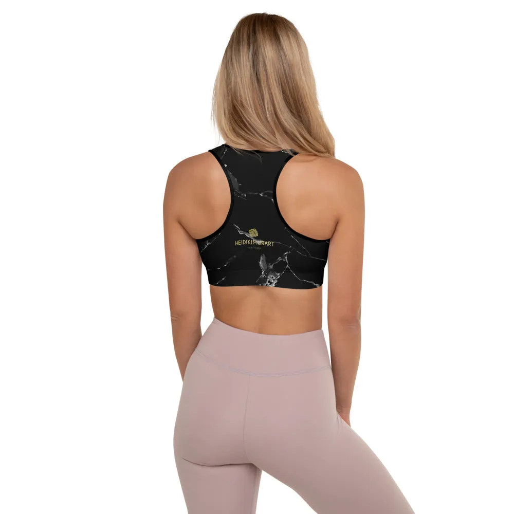 Black Marble Print Sports Bra, Premium Padded Fitness Gym Women's Bra- Made in USA/EU