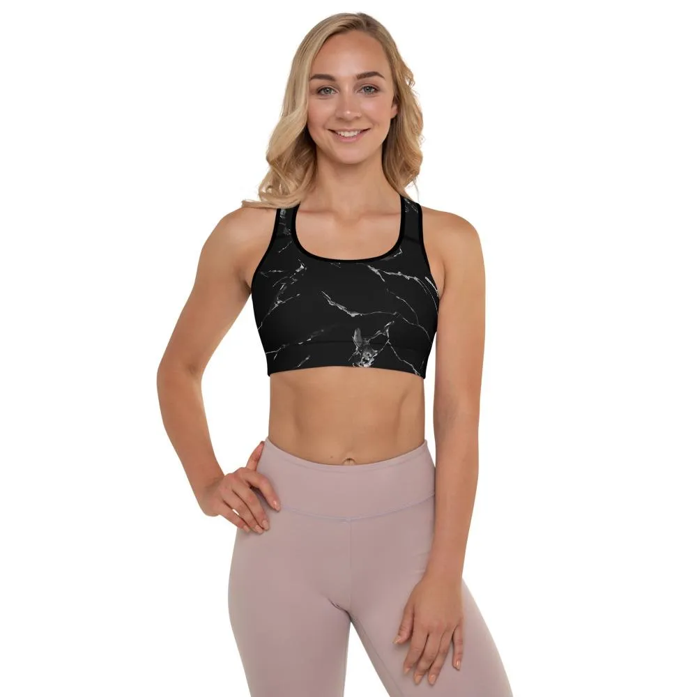 Black Marble Print Sports Bra, Premium Padded Fitness Gym Women's Bra- Made in USA/EU