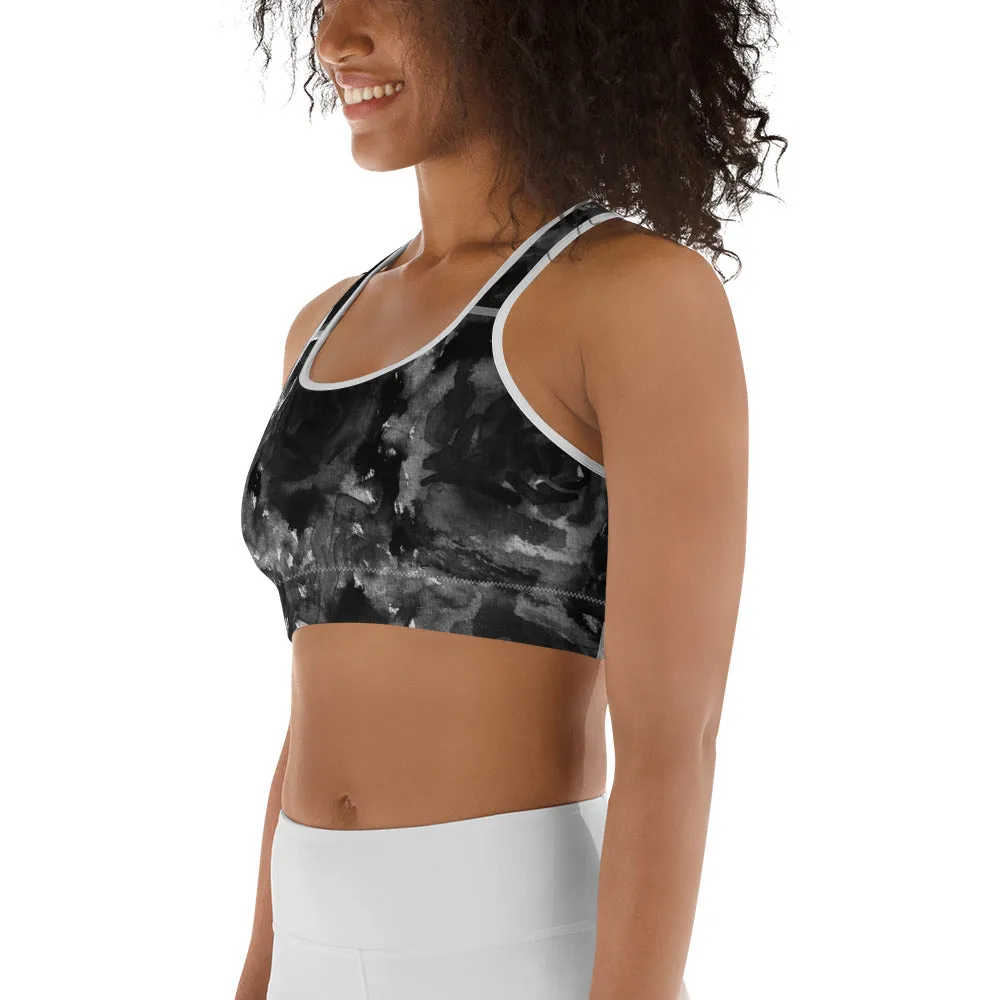 Black Rose Sports Bra, Abstract Floral Women's Fitness Bra- Made in USA (US Size:XS-2XL)