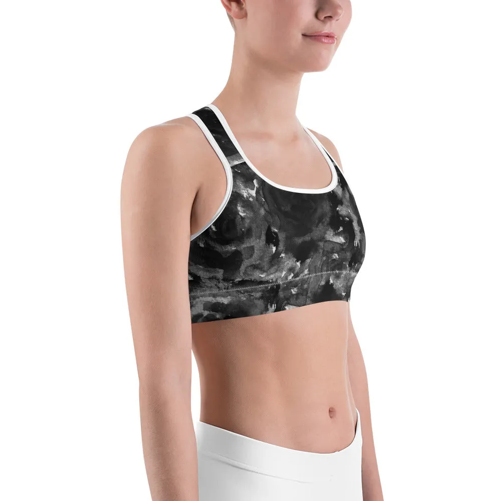 Black Rose Sports Bra, Abstract Floral Women's Fitness Bra- Made in USA (US Size:XS-2XL)