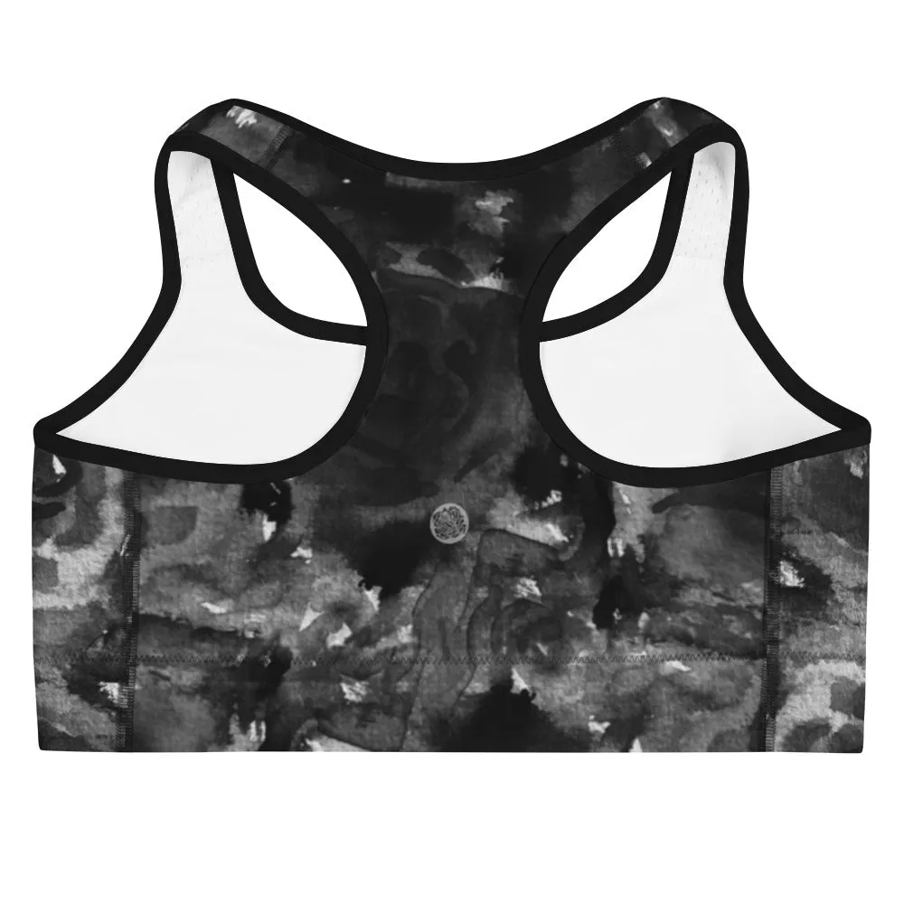 Black Rose Sports Bra, Abstract Floral Women's Fitness Bra- Made in USA (US Size:XS-2XL)