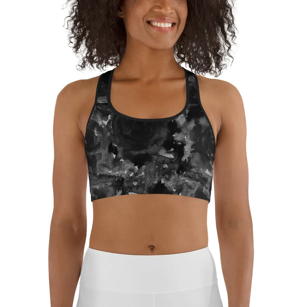 Black Rose Sports Bra, Abstract Floral Women's Fitness Bra- Made in USA (US Size:XS-2XL)