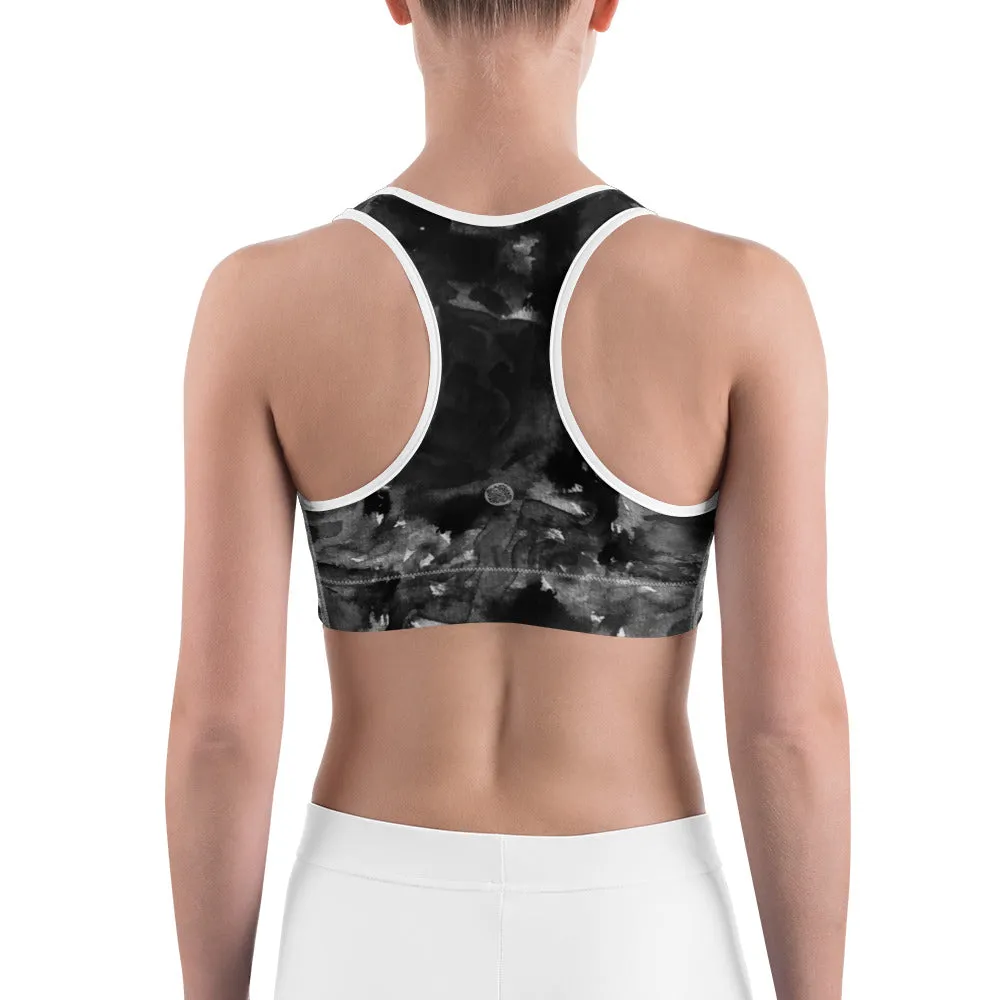 Black Rose Sports Bra, Abstract Floral Women's Fitness Bra- Made in USA (US Size:XS-2XL)