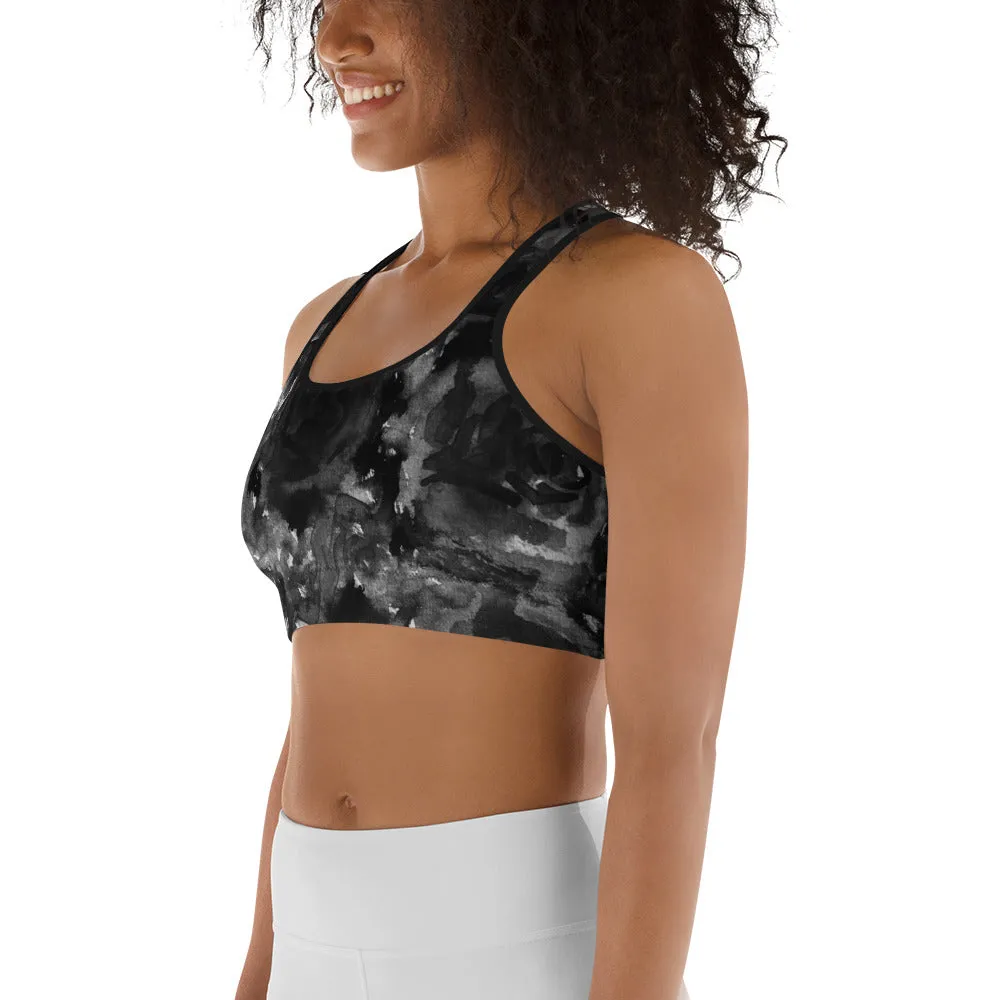 Black Rose Sports Bra, Abstract Floral Women's Fitness Bra- Made in USA (US Size:XS-2XL)