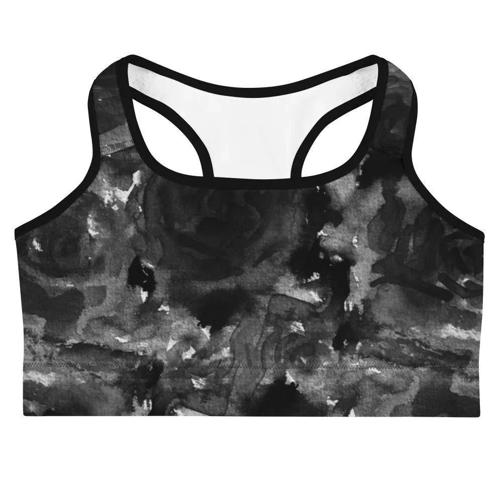 Black Rose Sports Bra, Abstract Floral Women's Fitness Bra- Made in USA (US Size:XS-2XL)