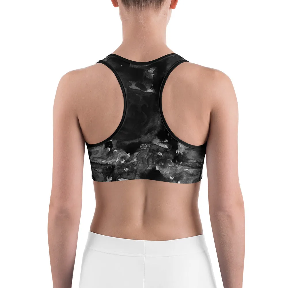 Black Rose Sports Bra, Abstract Floral Women's Fitness Bra- Made in USA (US Size:XS-2XL)