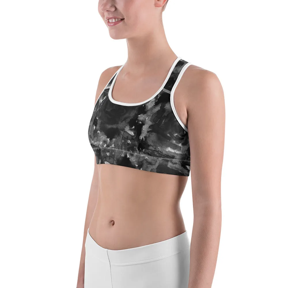 Black Rose Sports Bra, Abstract Floral Women's Fitness Bra- Made in USA (US Size:XS-2XL)