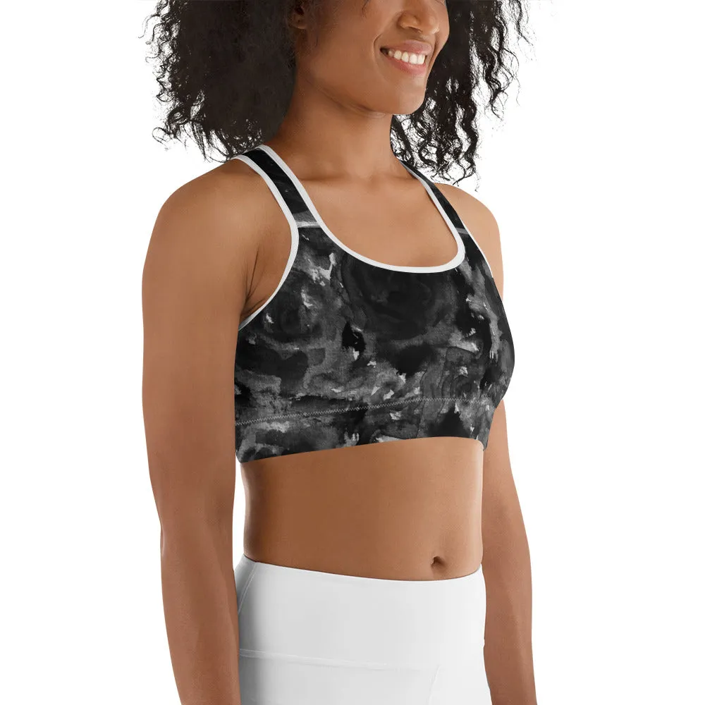 Black Rose Sports Bra, Abstract Floral Women's Fitness Bra- Made in USA (US Size:XS-2XL)