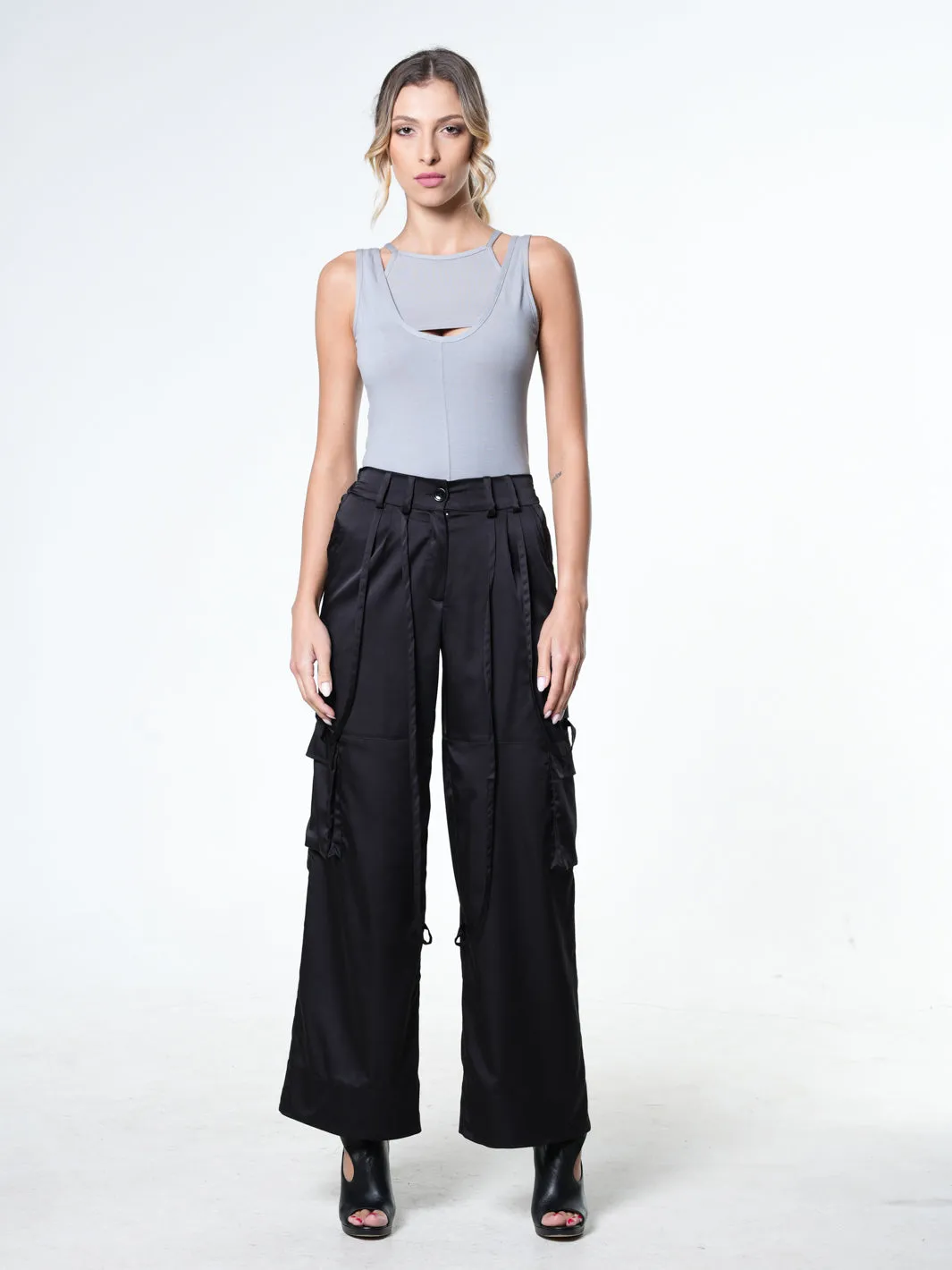 Black Satin Cargo Pants