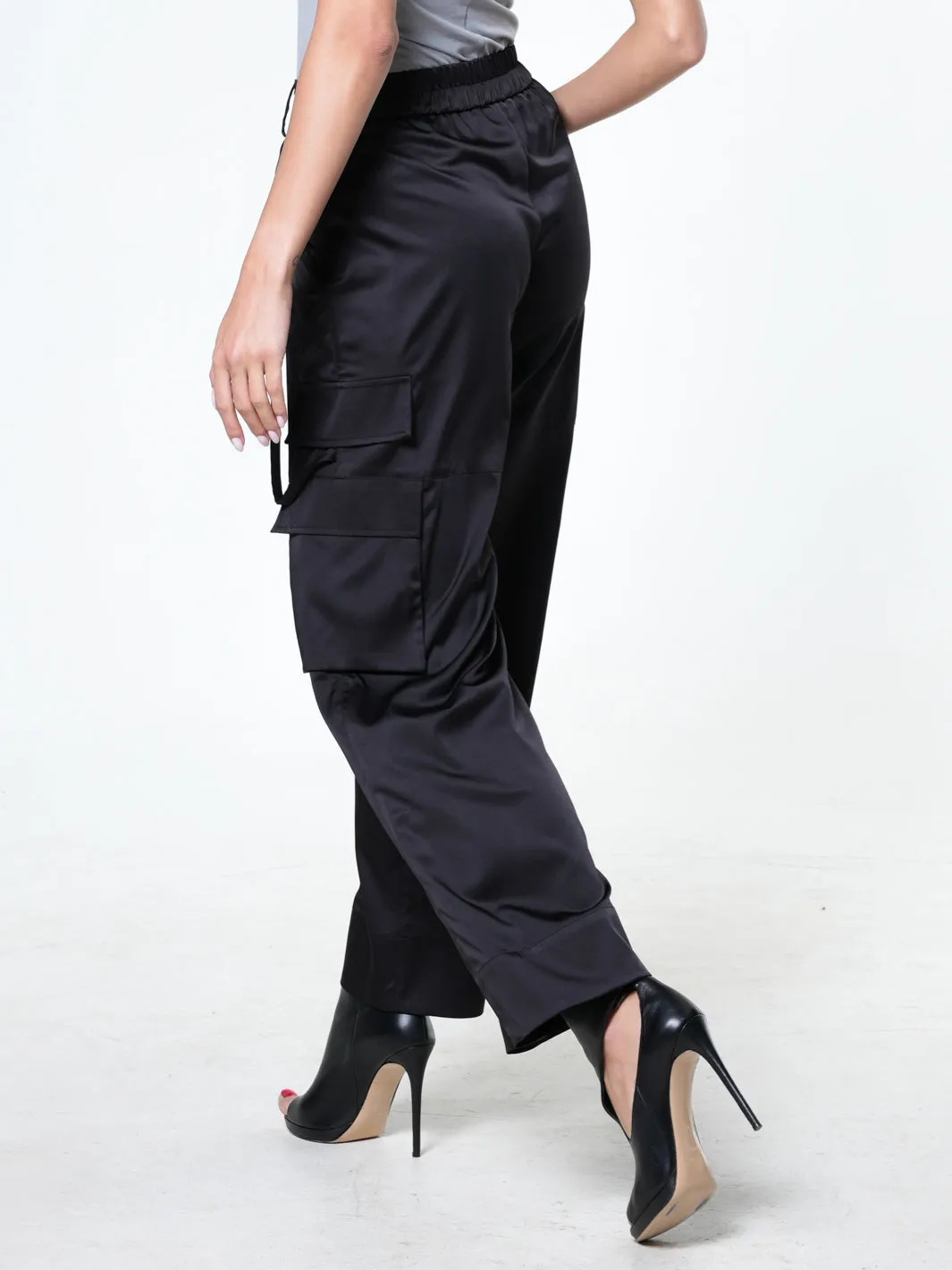 Black Satin Cargo Pants