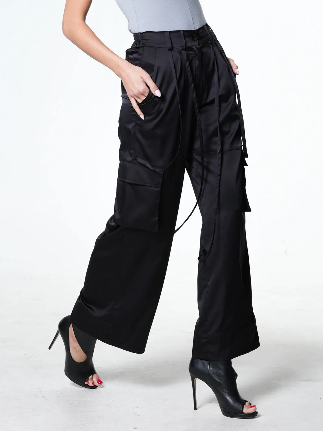 Black Satin Cargo Pants