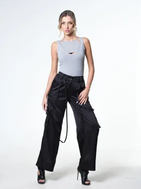 Black Satin Cargo Pants