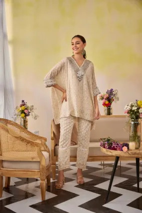 Cream Chic Chikankari Embroidered Kaftan Tunic Co-Ord Set