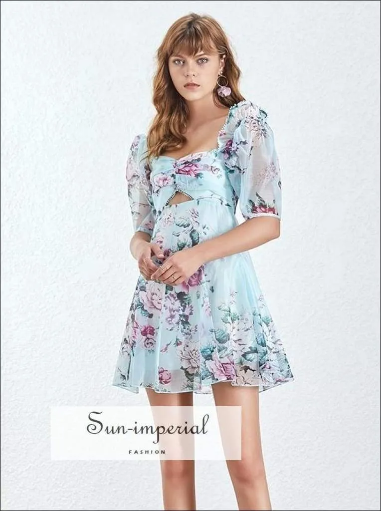 Dunkirk Dress - Print Vintage Women Dress Square Collar Short Sleeve Lace High Waist Mini