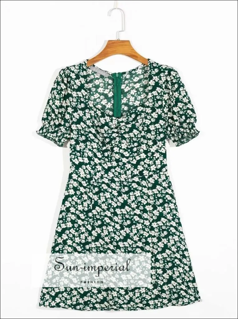 Green Vintage Sweetheart Square Neckline white Floral Print Mini Dress with Short Puff Sleeve