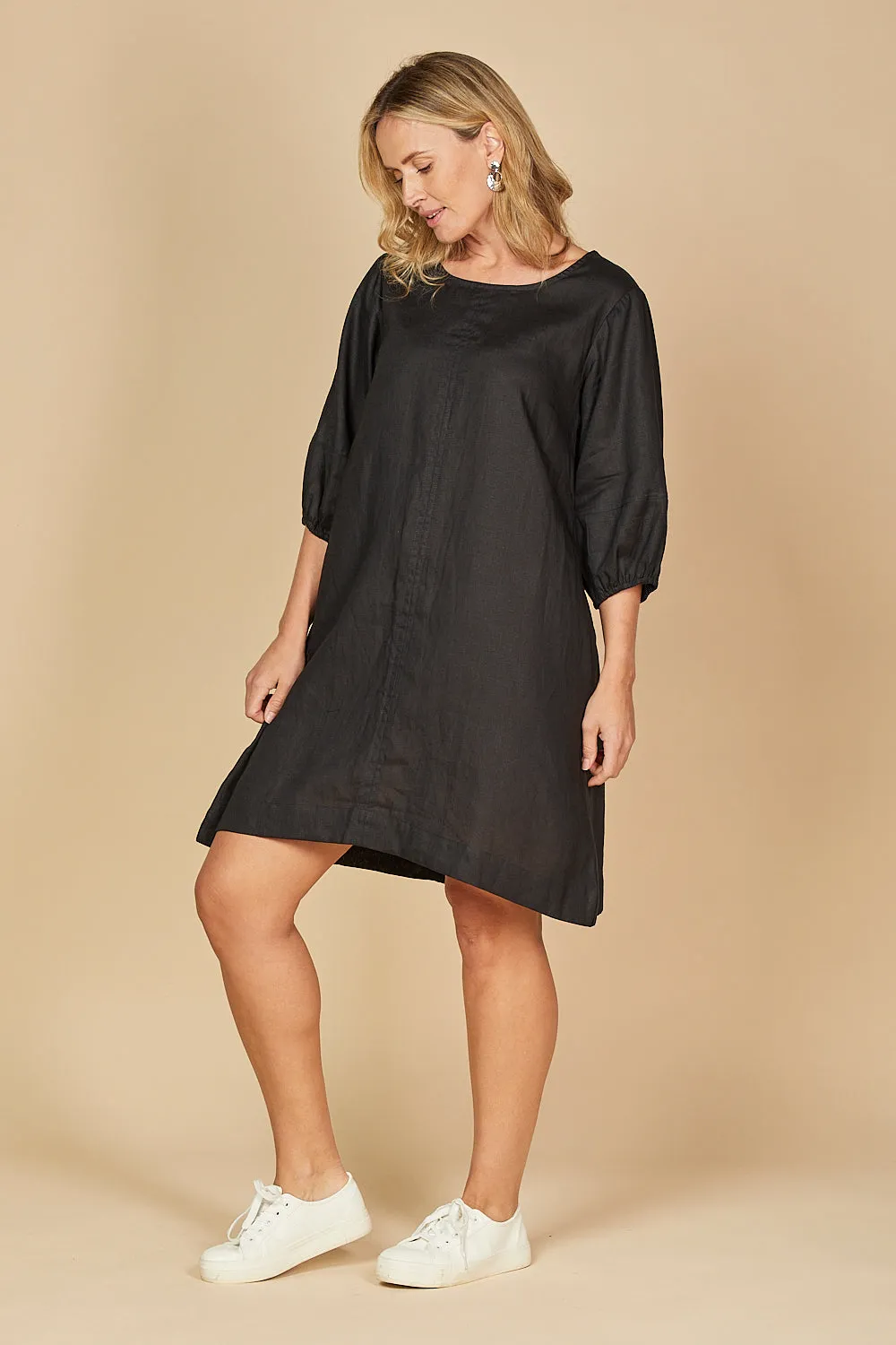 Hazel Short Linen Shift Dress in Black