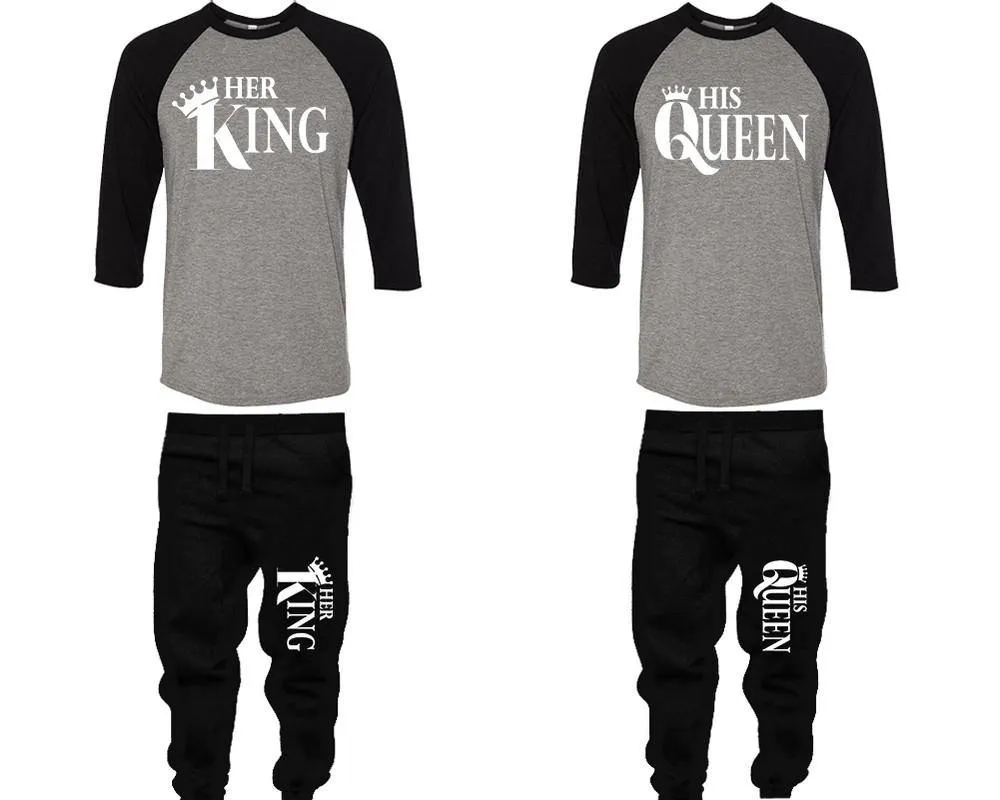 Her King His Queen Couple Baseball Shirt and Jogger Pants, Matching Top Bottom Set