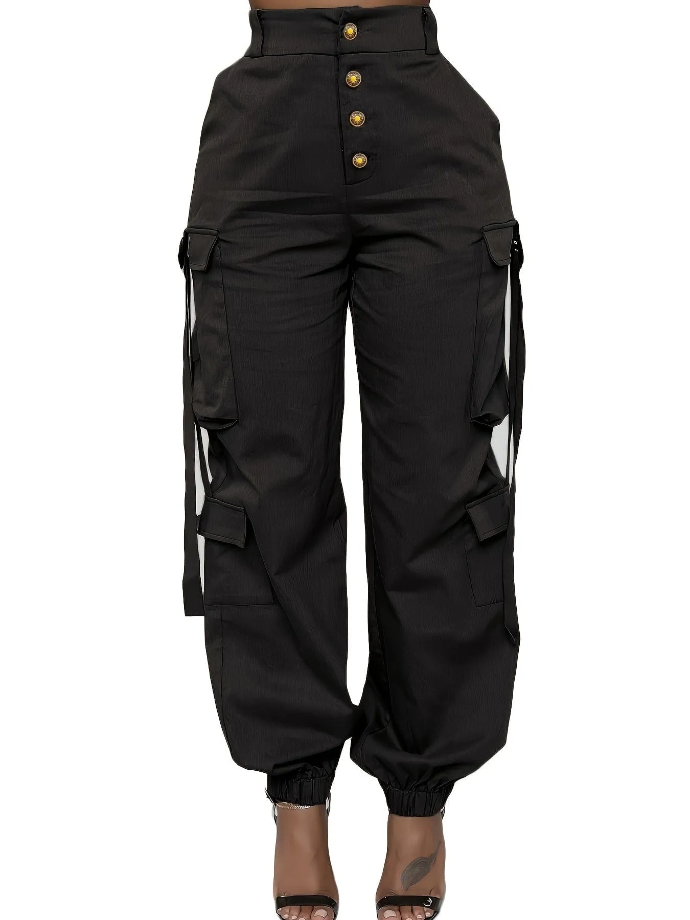 High Waist Jogger Pants - Alpha C Apparel, Solid Flap Pockets, Casual Spring/Fall