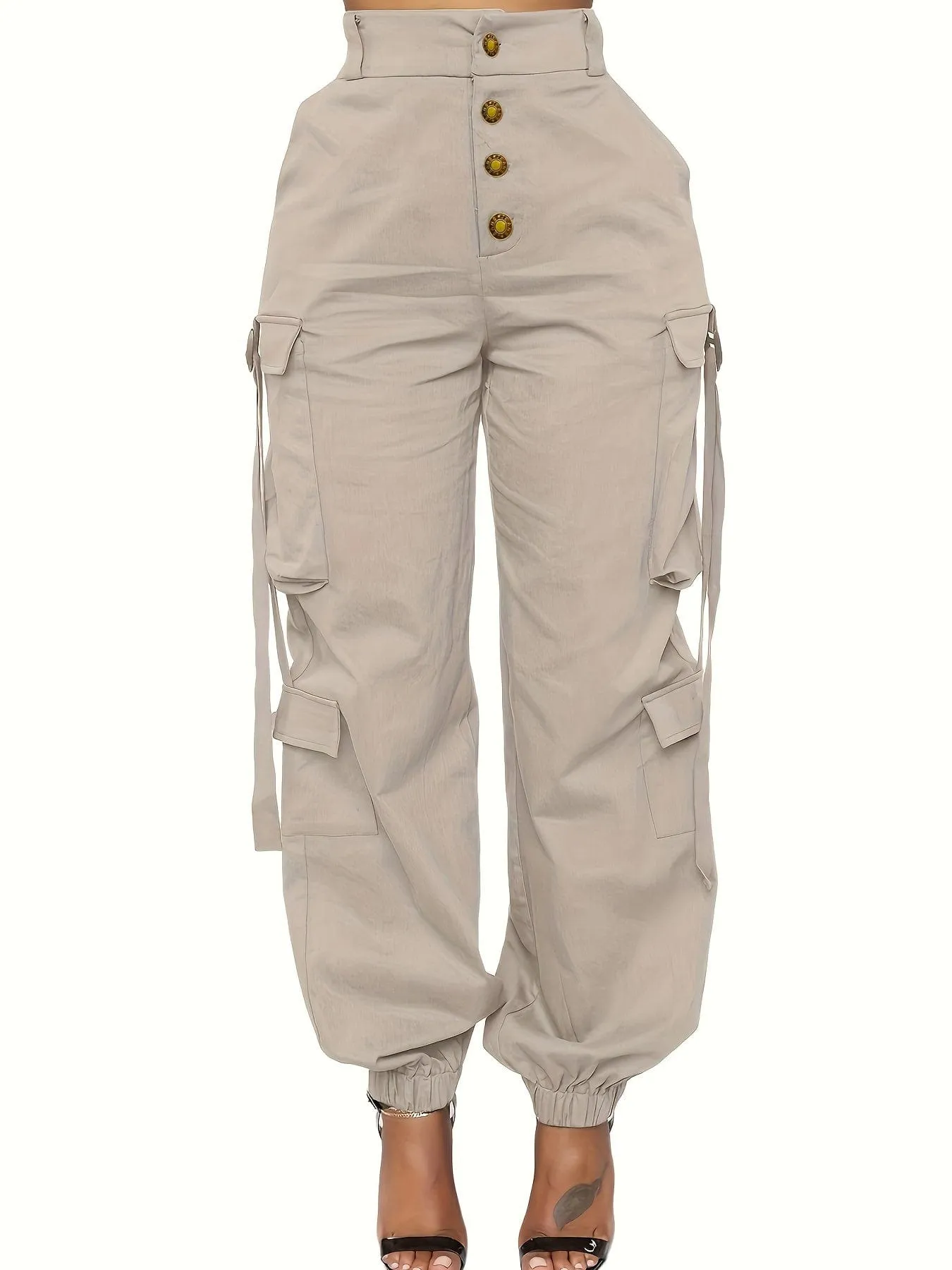 High Waist Jogger Pants - Alpha C Apparel, Solid Flap Pockets, Casual Spring/Fall