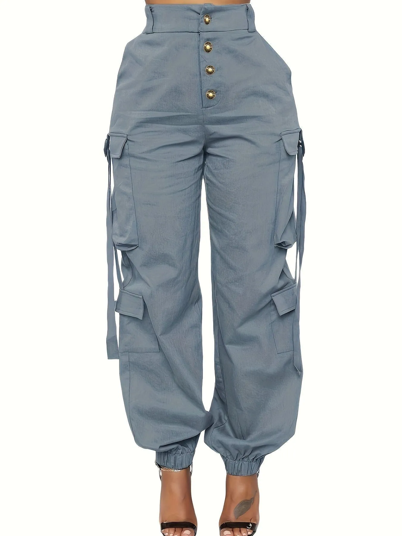 High Waist Jogger Pants - Alpha C Apparel, Solid Flap Pockets, Casual Spring/Fall