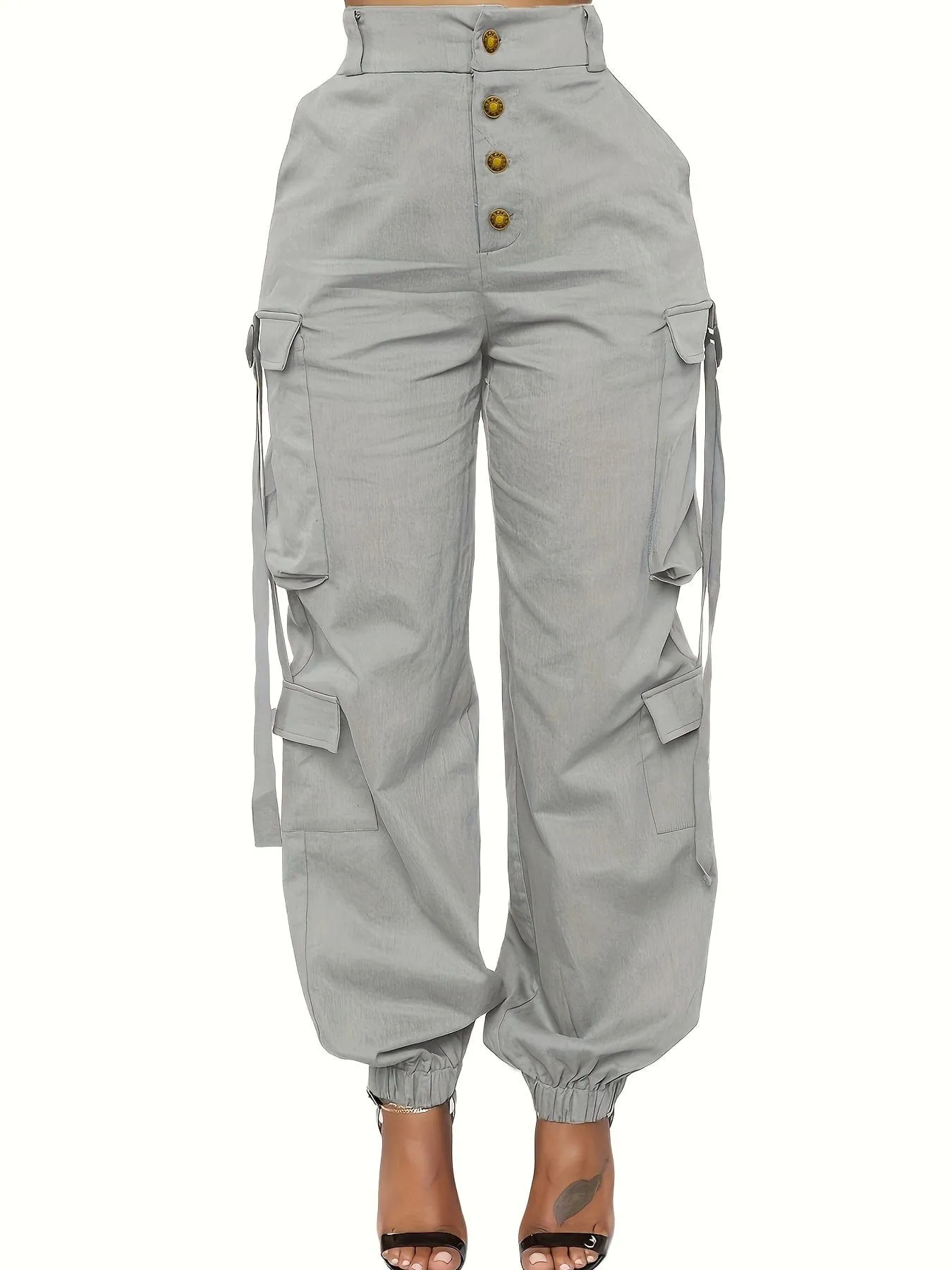 High Waist Jogger Pants - Alpha C Apparel, Solid Flap Pockets, Casual Spring/Fall