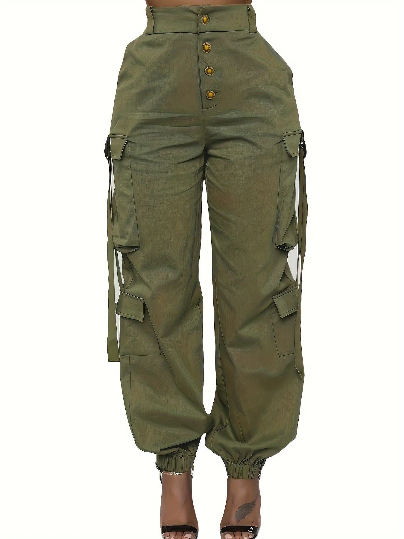 High Waist Jogger Pants - Alpha C Apparel, Solid Flap Pockets, Casual Spring/Fall